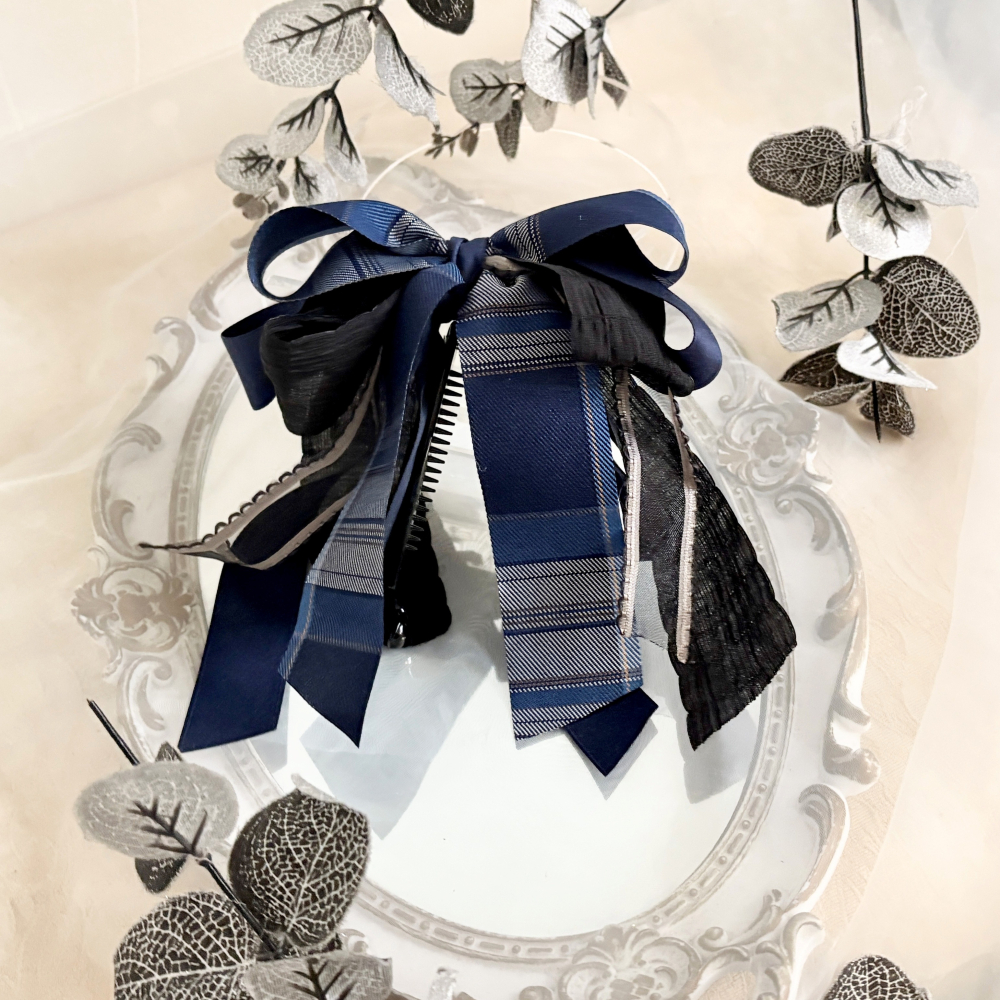 ＊哈娜髮飾＊長版手工仙女夾 丈藍格子 鯊魚夾 香蕉夾 髮圈 馬尾夾  鯊魚夾 髮梳 壓夾 相交夾 抓夾 邊夾 髮叉髮夾-細節圖4