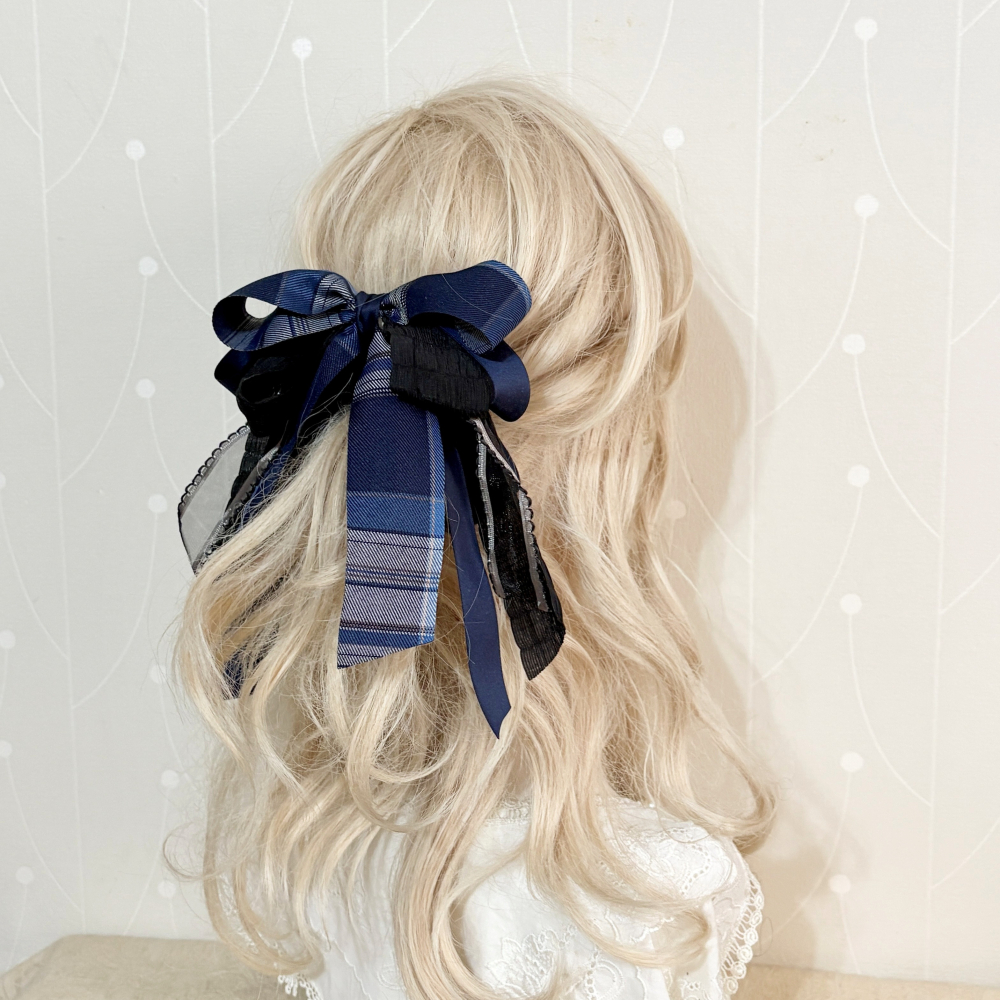 ＊哈娜髮飾＊長版手工仙女夾 丈藍格子 鯊魚夾 香蕉夾 髮圈 馬尾夾  鯊魚夾 髮梳 壓夾 相交夾 抓夾 邊夾 髮叉髮夾-細節圖5