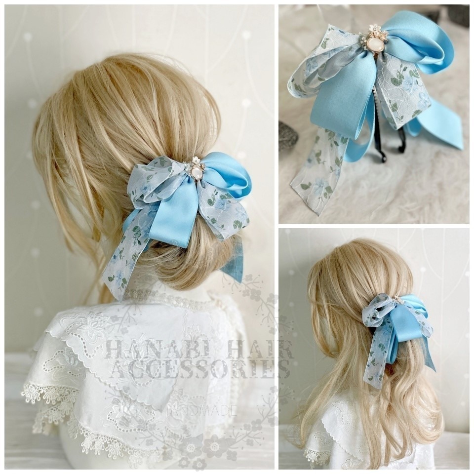 ＊哈娜髮飾＊手工仙女夾 淺藍 大蝴蝶結 香蕉夾 鯊魚夾 髮圈 馬尾夾 髮夾 相交夾 三爪夾 包頭抓夾 髮叉 髮梳 邊夾-細節圖2