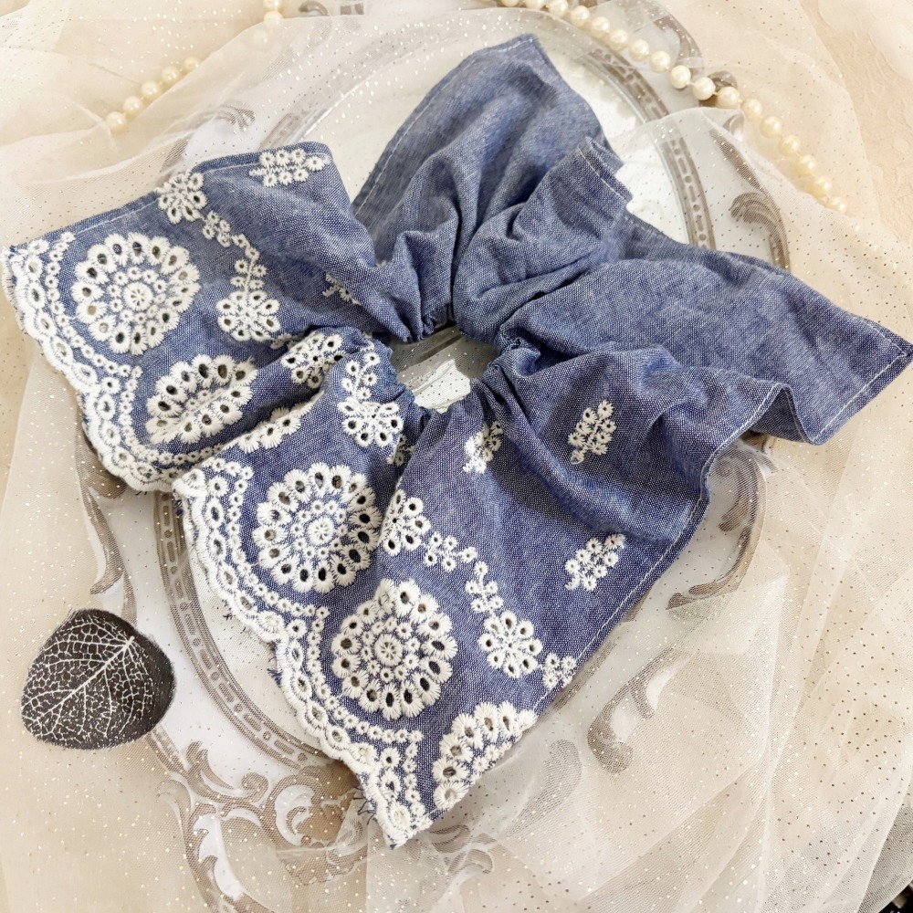 ＊哈娜髮飾＊方形大腸圈/ 髮圈 刺繡蕾絲 牛仔腸圈 棉布大腸髮圈 髮束 髮繩 髮飾 頭飾 禮物-細節圖2