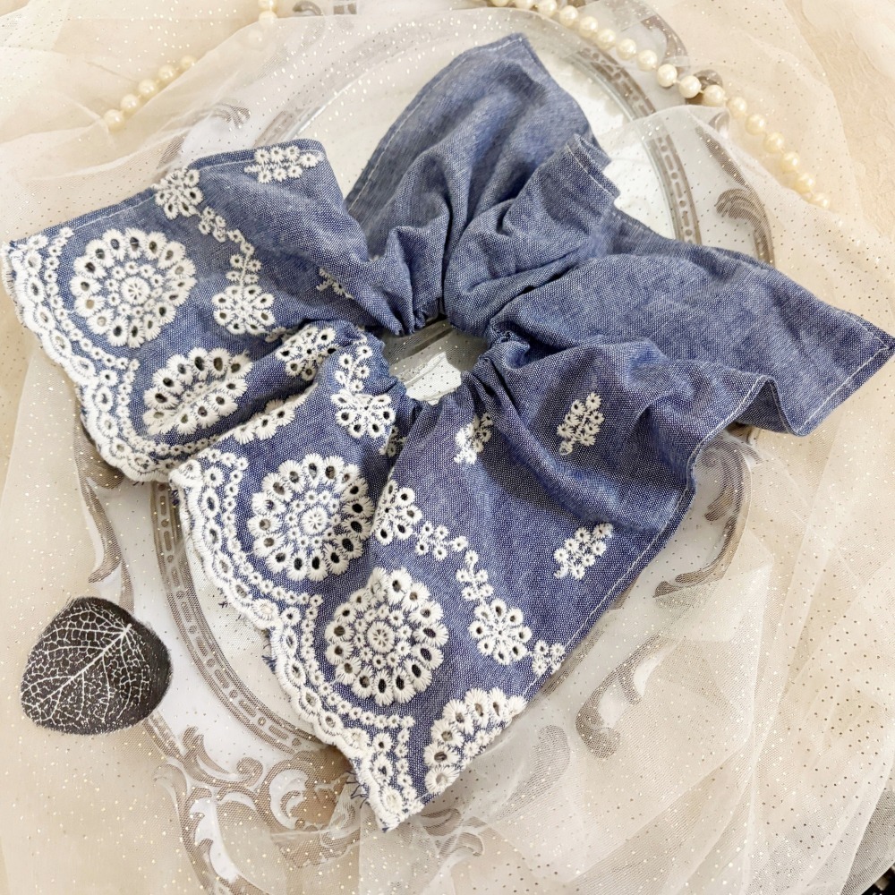 ＊哈娜髮飾＊方形大腸圈/ 髮圈 刺繡蕾絲 牛仔腸圈 棉布大腸髮圈 髮束 髮繩 髮飾 頭飾 禮物-細節圖2