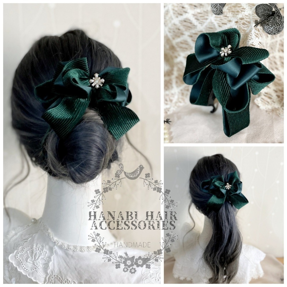 ＊哈娜髮飾＊絨質手工仙女夾/綠色大蝴蝶結香蕉夾 鯊魚夾 髮圈 馬尾夾 髮夾 相交夾 三爪夾 包頭抓夾 髮叉 髮梳 邊夾-規格圖3