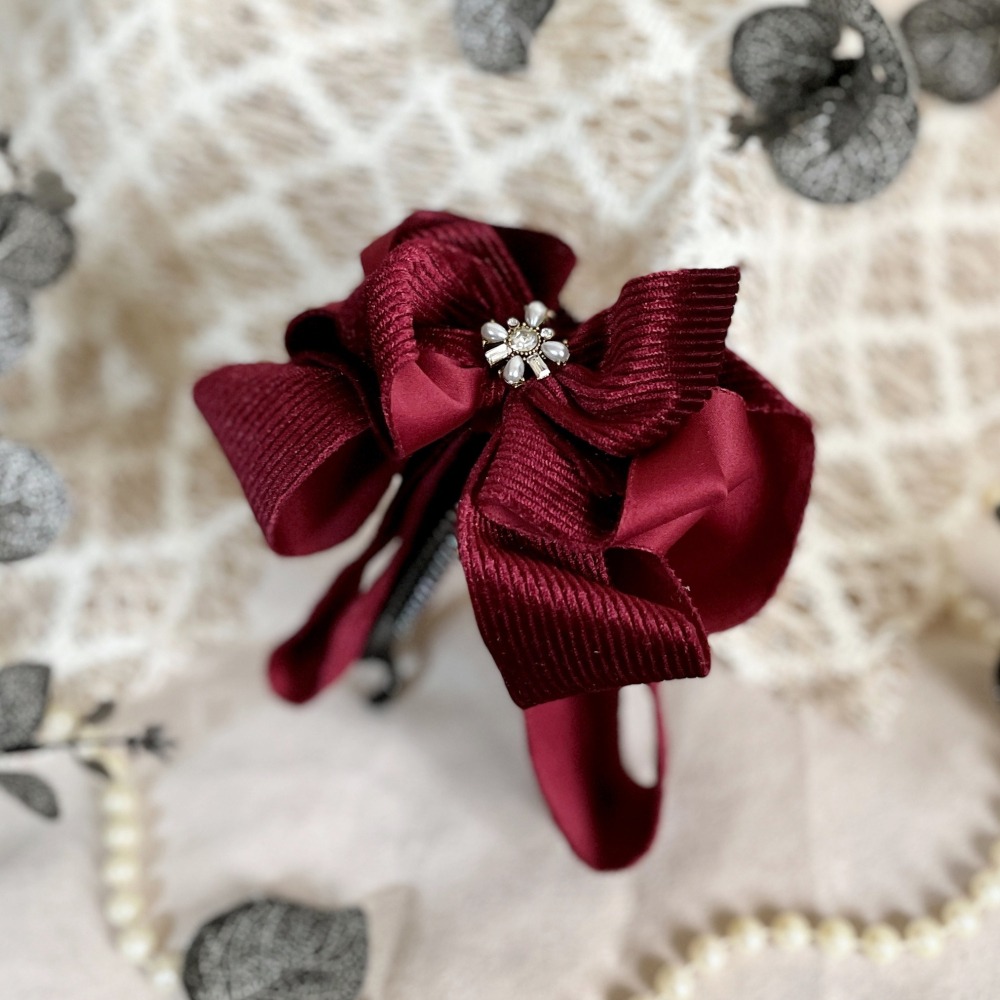 ＊哈娜髮飾＊絨質手工仙女夾/深紅色大蝴蝶結香蕉夾鯊魚夾 髮圈 馬尾夾 髮夾 相交夾 三爪夾 包頭抓夾 髮叉 髮梳 邊夾-細節圖3