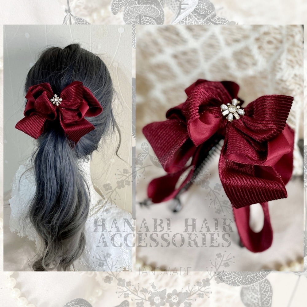 ＊哈娜髮飾＊絨質手工仙女夾/深紅色大蝴蝶結香蕉夾鯊魚夾 髮圈 馬尾夾 髮夾 相交夾 三爪夾 包頭抓夾 髮叉 髮梳 邊夾-規格圖3