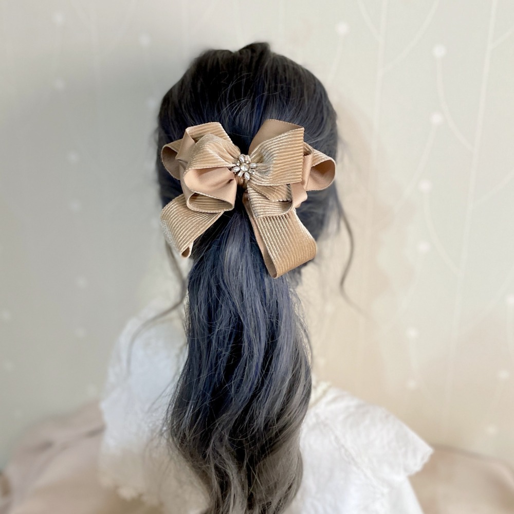 ＊哈娜髮飾＊絨質手工仙女夾/香檳色大蝴蝶結香蕉夾鯊魚夾 髮圈 馬尾夾 髮夾 相交夾 三爪夾 包頭抓夾 髮叉 髮梳 邊夾-細節圖3