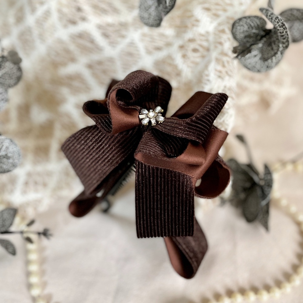 ＊哈娜髮飾＊絨質手工仙女夾/咖啡色大蝴蝶結香蕉夾 鯊魚夾 髮圈 馬尾夾 髮夾 相交夾 三抓夾 包頭抓夾 髮叉 邊夾-細節圖2