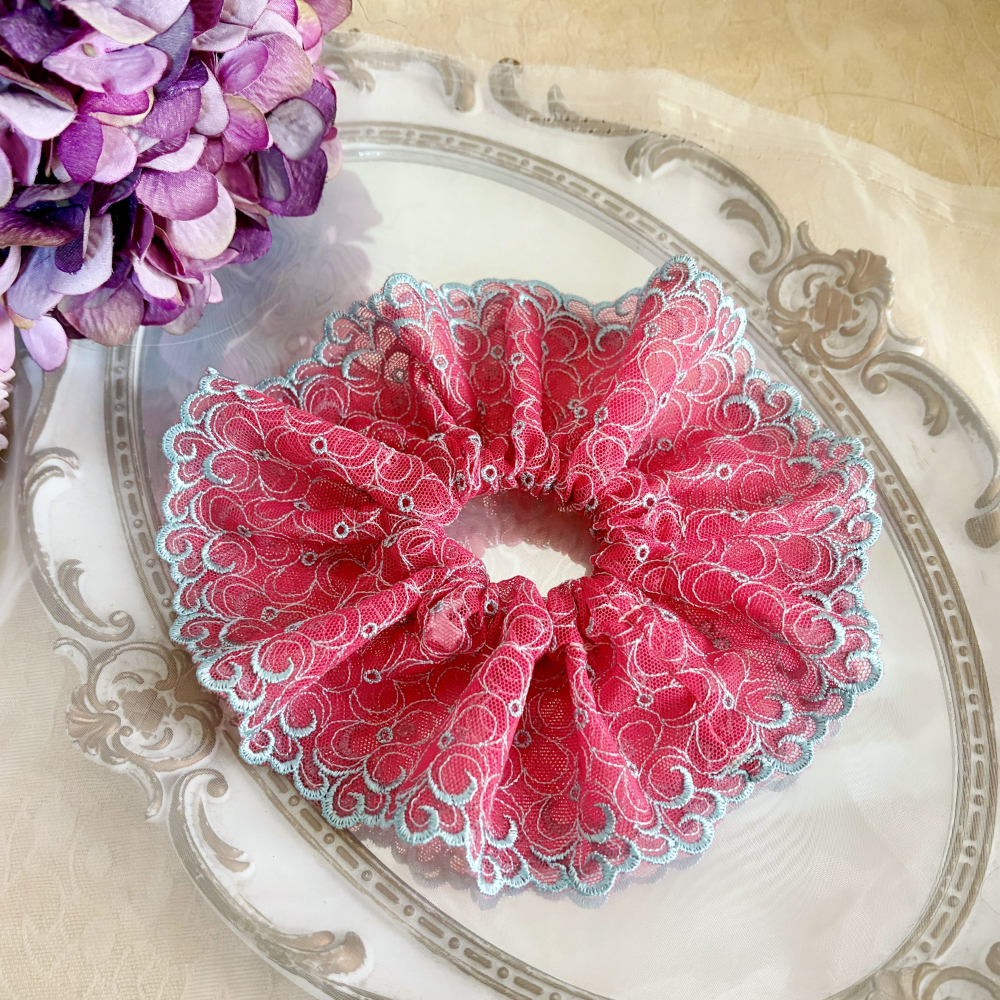 ＊哈娜髮飾＊法式刺繡蕾絲大腸圈/ 髮圈 大腸髮圈 髮束 髮繩 髮飾 頭飾 禮物-細節圖4