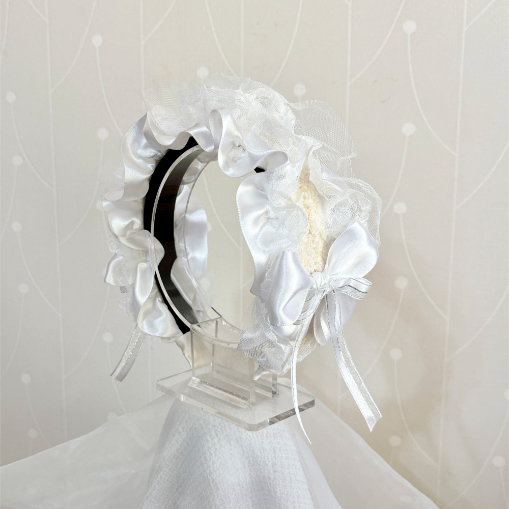 ＊哈娜髮飾＊荷葉皺褶髮箍 白色 蘿莉塔 髮帶式寬版髮箍 髮圈 髮窟 頭箍 頭巾 高顱頂髮窟 頭飾 手工髮飾-細節圖3