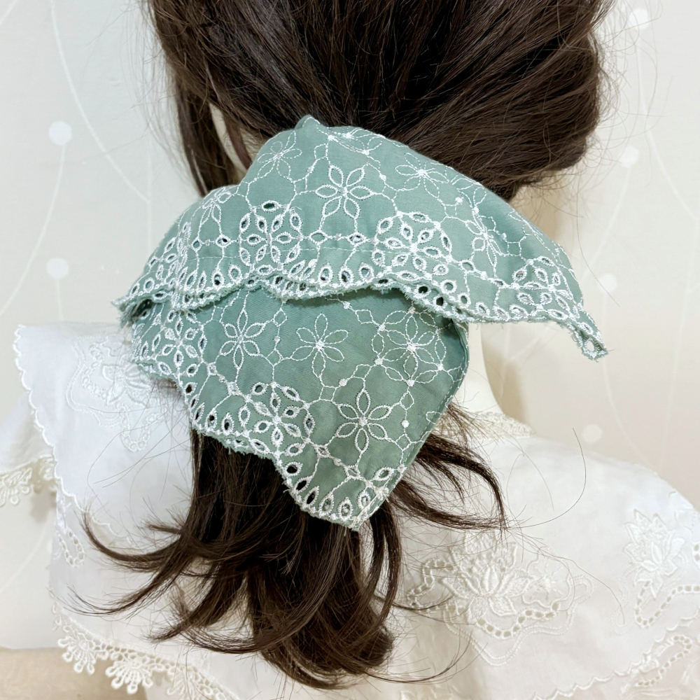 ＊哈娜髮飾＊方形大腸圈/ 髮圈 刺繡蕾絲 綠色腸圈 棉布大腸髮圈 髮束 髮繩 髮飾 頭飾 禮物-細節圖2