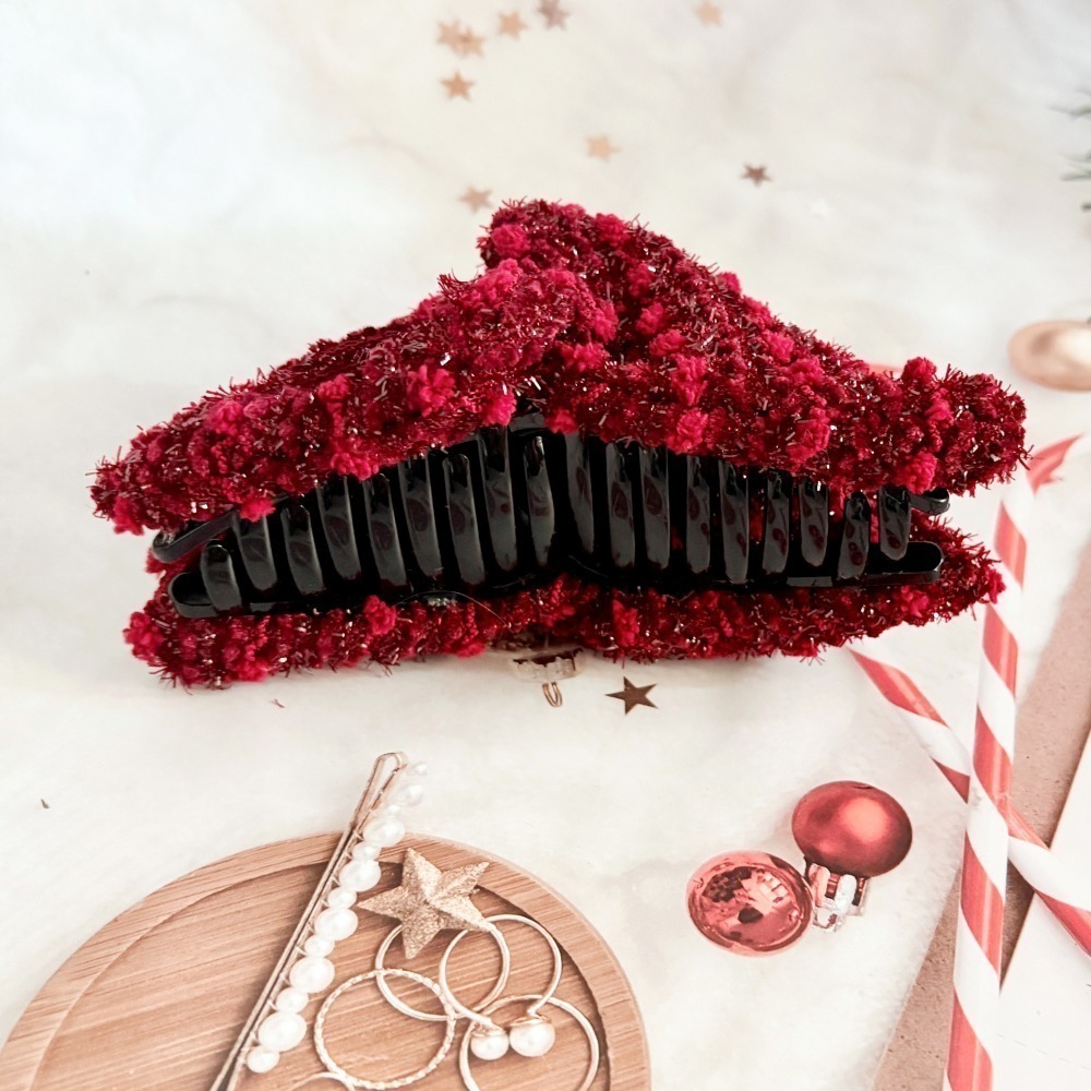 ＊哈娜髮飾＊三角抓夾 /水餃超大鯊魚夾 紅色小香 髮量多 馬尾 髮夾 包頭 公主頭 盤髮 頭飾 手工髮飾 獨家-細節圖3