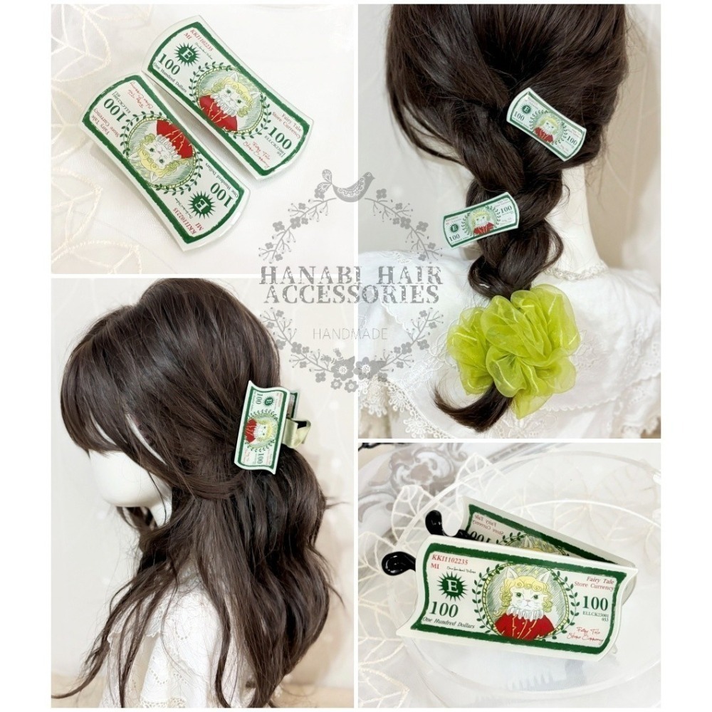 ＊哈娜髮飾＊獨家插畫髮夾 / 貓咪紙鈔 滴膠壓克力 抓夾 鯊魚夾 相交夾 香蕉夾 瀏海夾 壓夾 H夾 鴨夾 頭飾-細節圖2