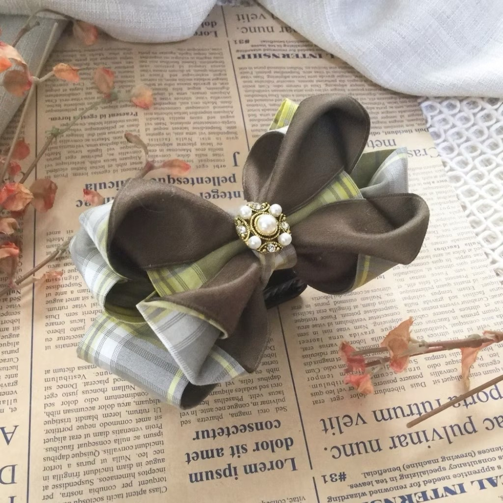 ＊哈娜髮飾＊手工立體蝴蝶結/褐綠格紋香蕉夾 相交夾 鯊魚夾 抓夾 邊夾 髮圈 大腸圈 髮梳 髮夾 壓夾 馬尾夾 彈簧夾-細節圖3