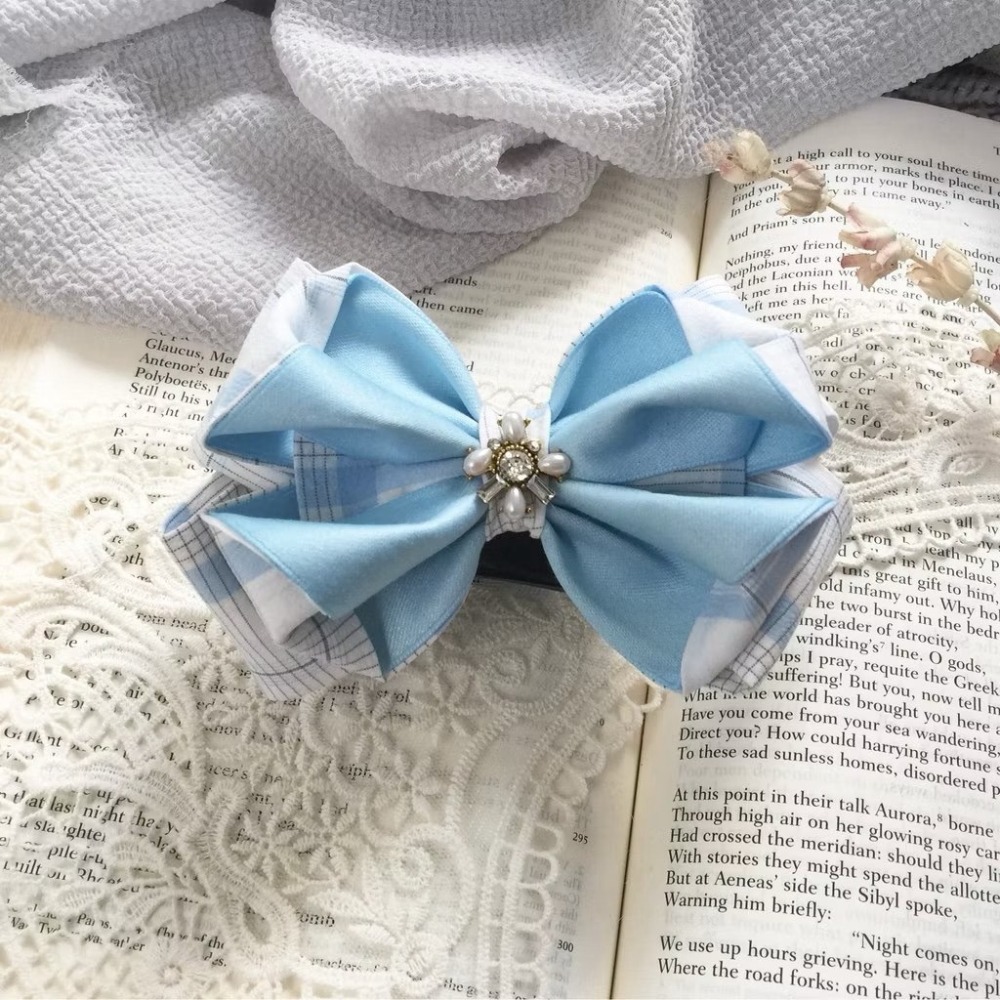 ＊哈娜髮飾＊手工立體蝴蝶結/天藍格紋香蕉夾 相交夾 鯊魚夾 抓夾 邊夾 髮圈 大腸圈 髮梳 髮夾 壓夾 馬尾夾 彈簧夾-細節圖2