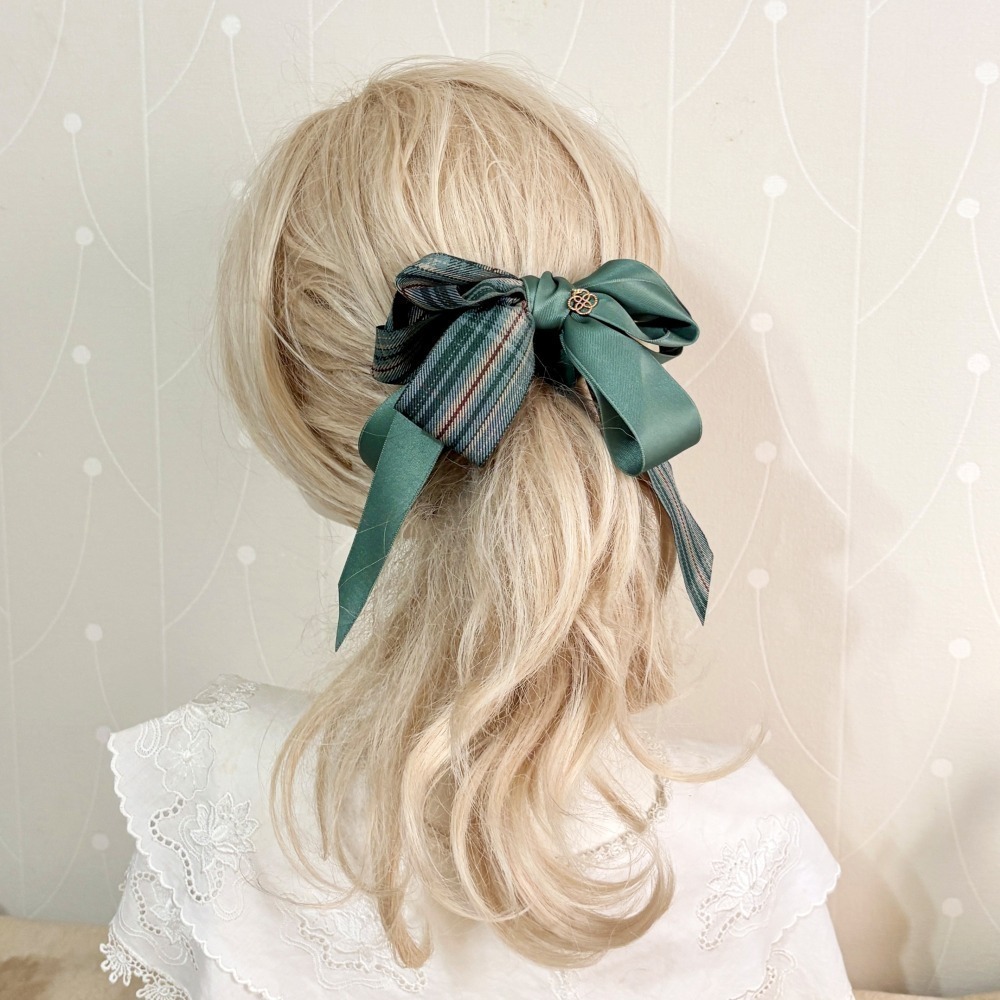 ＊哈娜髮飾＊手工仙女夾 格紋 綠格子 大蝴蝶結 香蕉夾 鯊魚夾 馬尾夾 髮夾 相交夾 包頭抓夾 髮叉 髮梳 邊夾-細節圖2