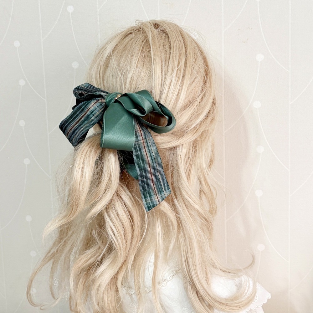＊哈娜髮飾＊手工仙女夾 格紋 綠格子 大蝴蝶結 香蕉夾 鯊魚夾 馬尾夾 髮夾 相交夾 包頭抓夾 髮叉 髮梳 邊夾-細節圖3
