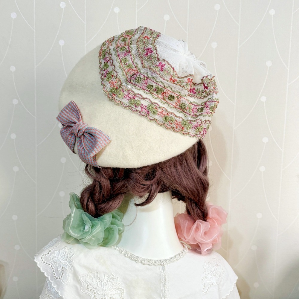 ＊哈娜髮飾＊貝蕾帽 白 貝雷帽 beret 毛帽 手工帽 蕾絲帽 帽子 禮帽 蓓蕾帽 頭飾 lolita 禮帽-細節圖2