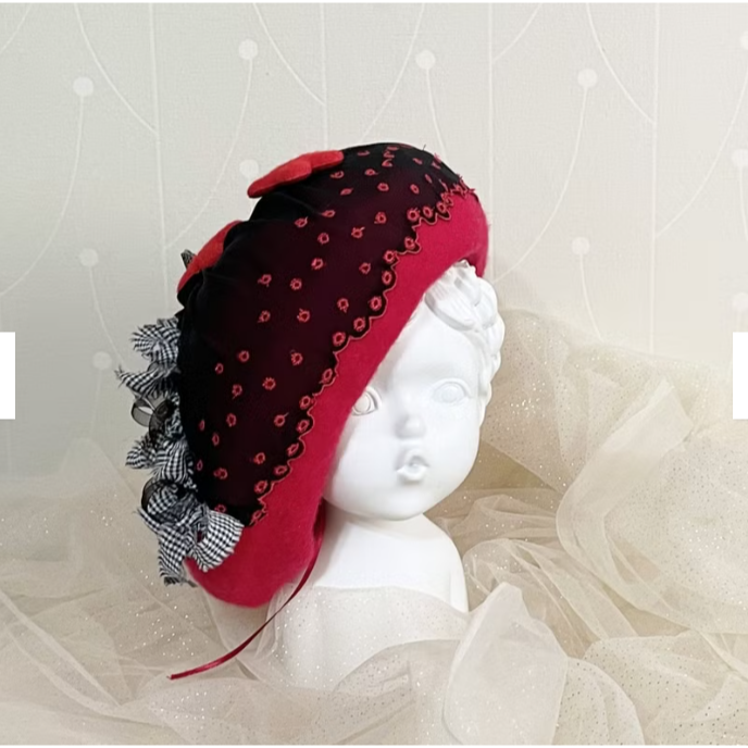 ＊哈娜髮飾＊貝蕾帽 紅色貝雷帽 beret 毛帽 手工帽 童話風 蕾絲帽 帽子 禮帽 蓓蕾帽 頭飾 lolita 禮帽-細節圖4