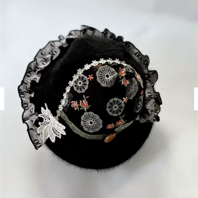 ＊哈娜髮飾＊鐘形帽cloche 黑色 圓頂盆帽 毛帽 拼接手工蕾絲帽子 禮帽-細節圖2