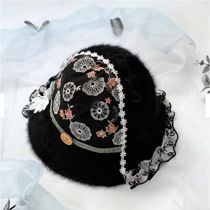 ＊哈娜髮飾＊鐘形帽cloche 黑色 圓頂盆帽 毛帽 拼接手工蕾絲帽子 禮帽-細節圖3