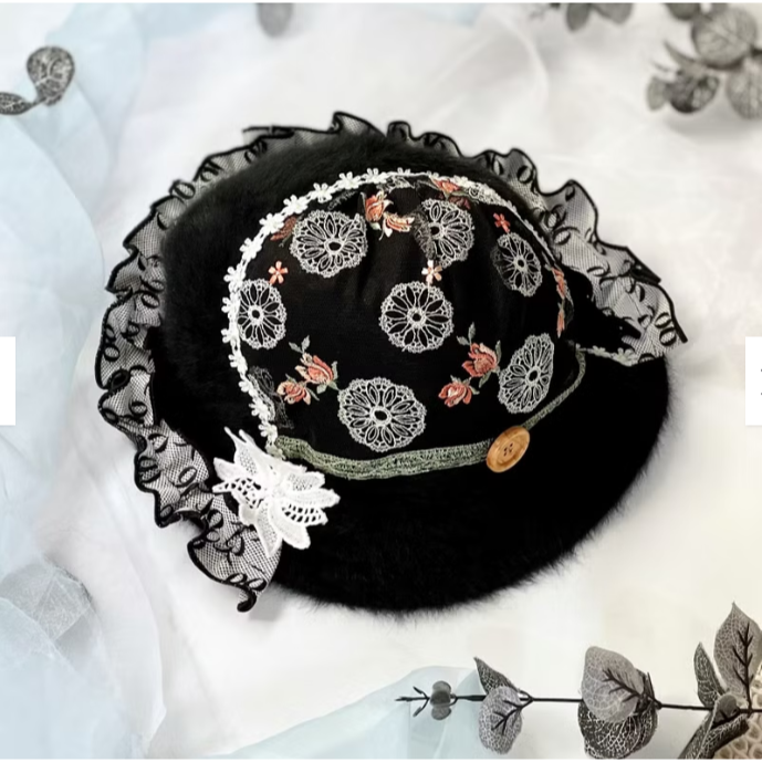＊哈娜髮飾＊鐘形帽cloche 黑色 圓頂盆帽 毛帽 拼接手工蕾絲帽子 禮帽-細節圖4