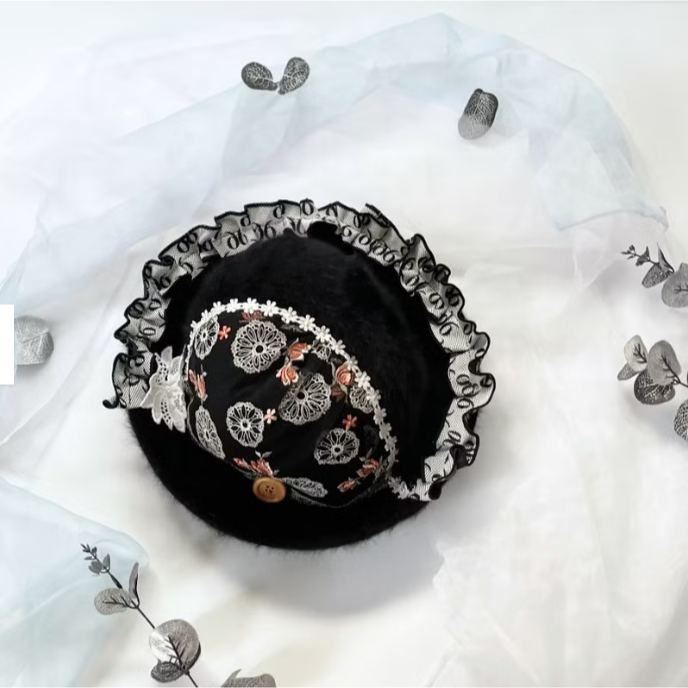 ＊哈娜髮飾＊鐘形帽cloche 黑色 圓頂盆帽 毛帽 拼接手工蕾絲帽子 禮帽-細節圖5