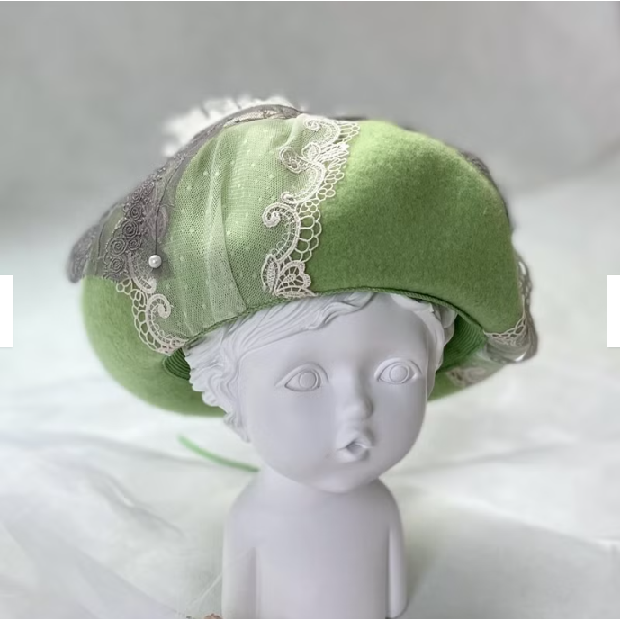 ＊哈娜髮飾＊貝蕾帽 綠色貝雷帽 beret 毛帽 手工帽 童話風 蕾絲帽 帽子 禮帽 蓓蕾帽 頭飾 lolita 禮帽-細節圖2
