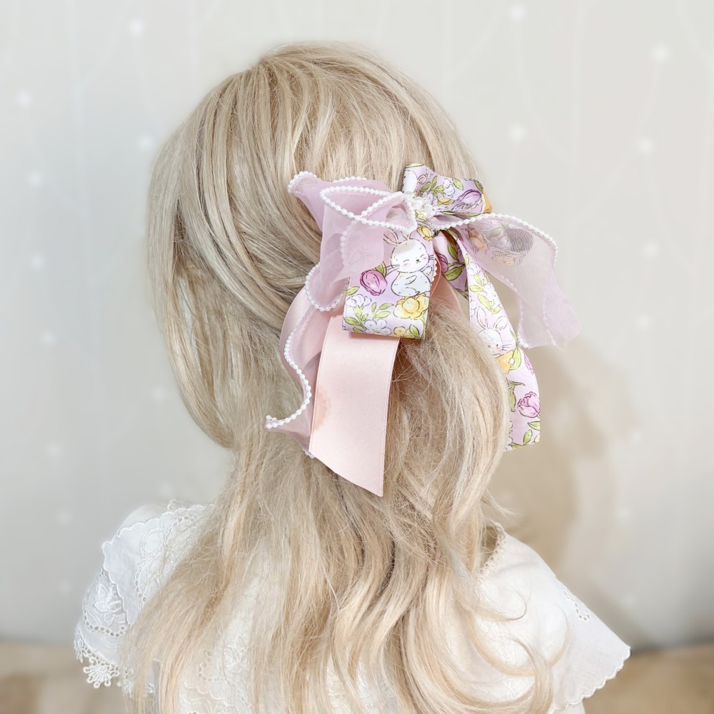 ＊哈娜髮飾＊獨家手工仙女夾 粉紅兔 珍珠紗 大蝴蝶結 香蕉夾鯊魚夾 髮圈 馬尾夾 髮夾 相交夾 三爪夾 包頭抓夾 髮叉-細節圖3