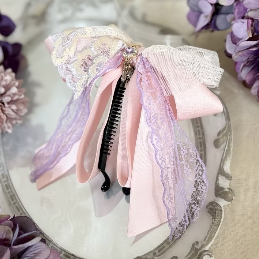 ＊哈娜髮飾＊法式蕾絲仙女夾 粉紅 香蕉夾 鯊魚夾 髮圈 馬尾夾 蝴蝶結髮夾 相交夾 三爪夾 包頭抓夾 髮梳 邊夾-細節圖2