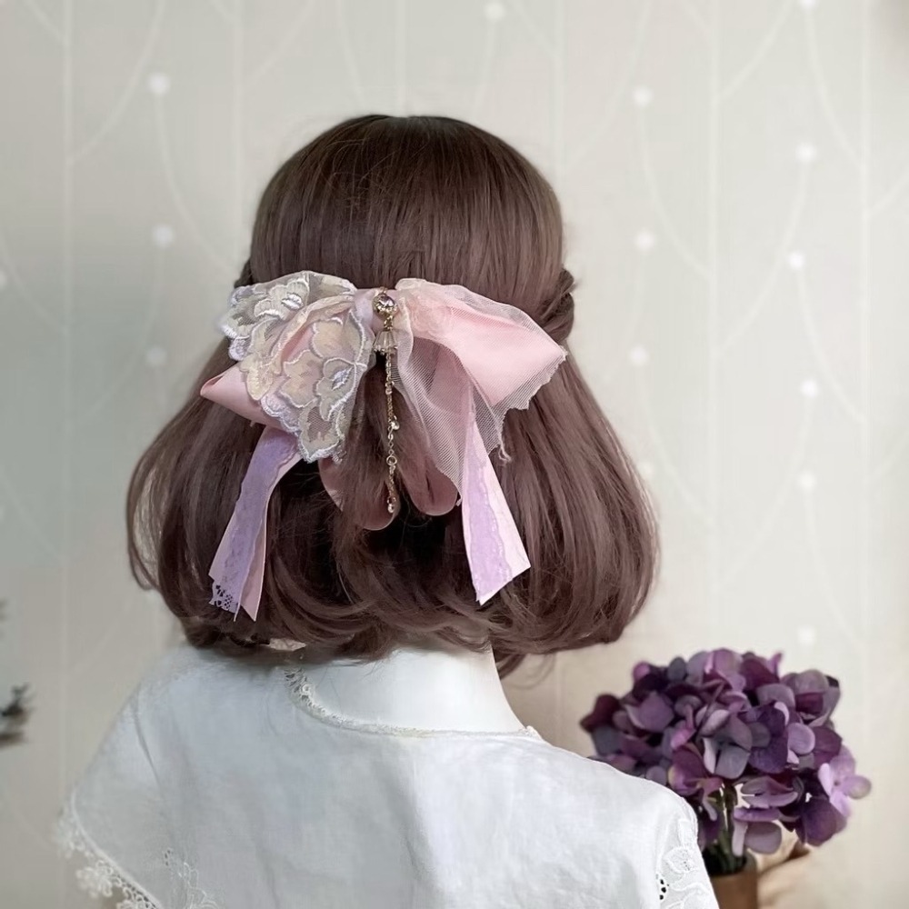 ＊哈娜髮飾＊法式蕾絲仙女夾 粉紅 香蕉夾 鯊魚夾 髮圈 馬尾夾 蝴蝶結髮夾 相交夾 三爪夾 包頭抓夾 髮梳 邊夾-細節圖3