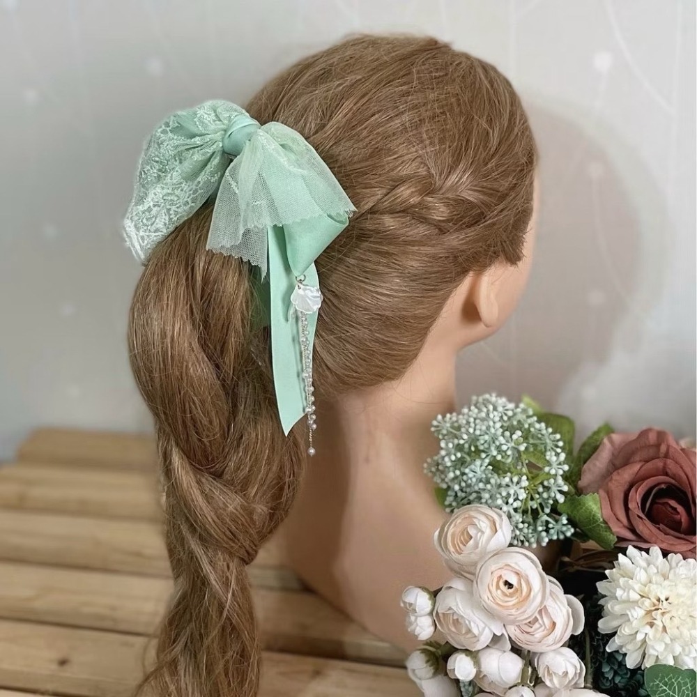 ＊哈娜髮飾＊法式蕾絲仙女夾 粉綠 香蕉夾 鯊魚夾 髮圈 馬尾夾 蝴蝶結髮夾 相交夾 三爪夾 包頭抓夾 髮梳 邊夾-細節圖2