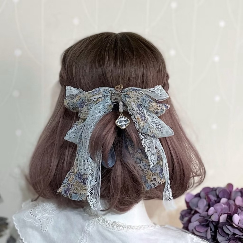 ＊哈娜髮飾＊手工布藝仙女夾/ 藍雪紡蕾絲香蕉夾 鯊魚夾 髮圈 馬尾夾 髮夾 相交夾 三爪夾 包頭抓夾 髮叉 髮梳 邊夾-細節圖2