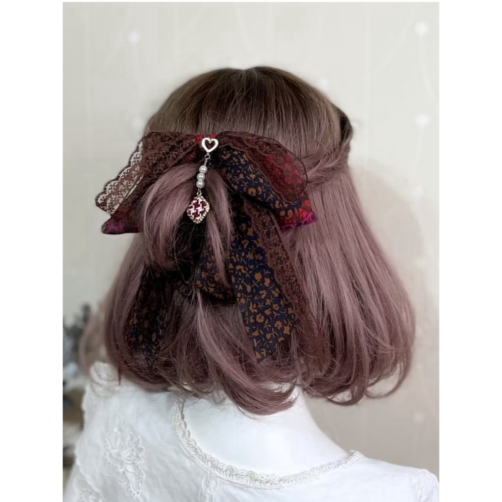 ＊哈娜髮飾＊手工布藝仙女夾/ 酒紅雪紡蕾絲 香蕉夾 鯊魚夾 髮圈 馬尾夾 髮夾 相交夾 三爪夾 包頭抓夾 髮梳 邊夾-細節圖2