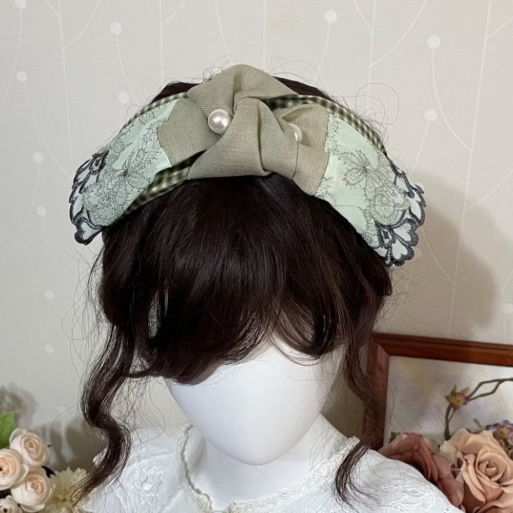 ＊哈娜髮飾＊蝴蝶結髮箍~ 格子綠 蕾絲髮窟 頭箍 髮飾 頭飾 禮物 生日 法哭 髮哭 髮圈 頭帶 髮帶 髮枯 獨家手工-細節圖3