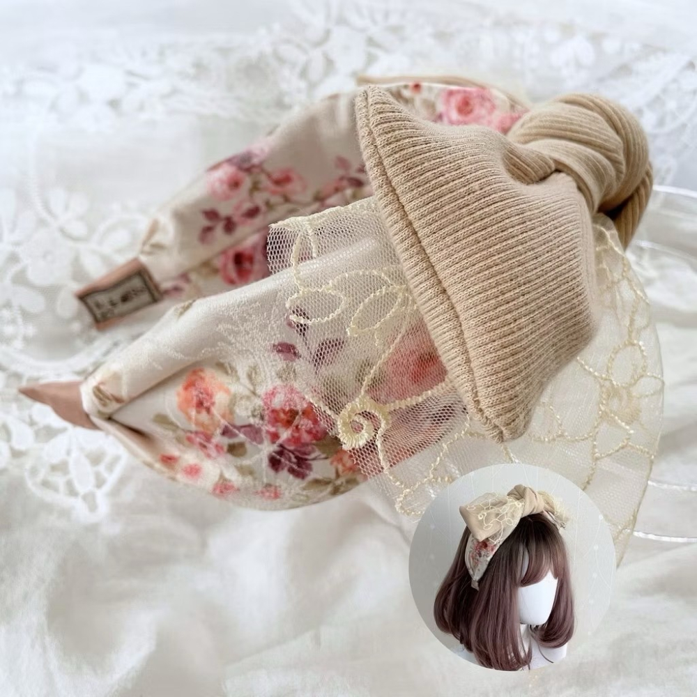 ＊哈娜髮飾＊蝴蝶結髮箍 杏 典雅蕾絲 寬版 寬邊 法哭 頭箍 頭箍 髮窟 頭帶 頭飾 法枯 髮估-細節圖2
