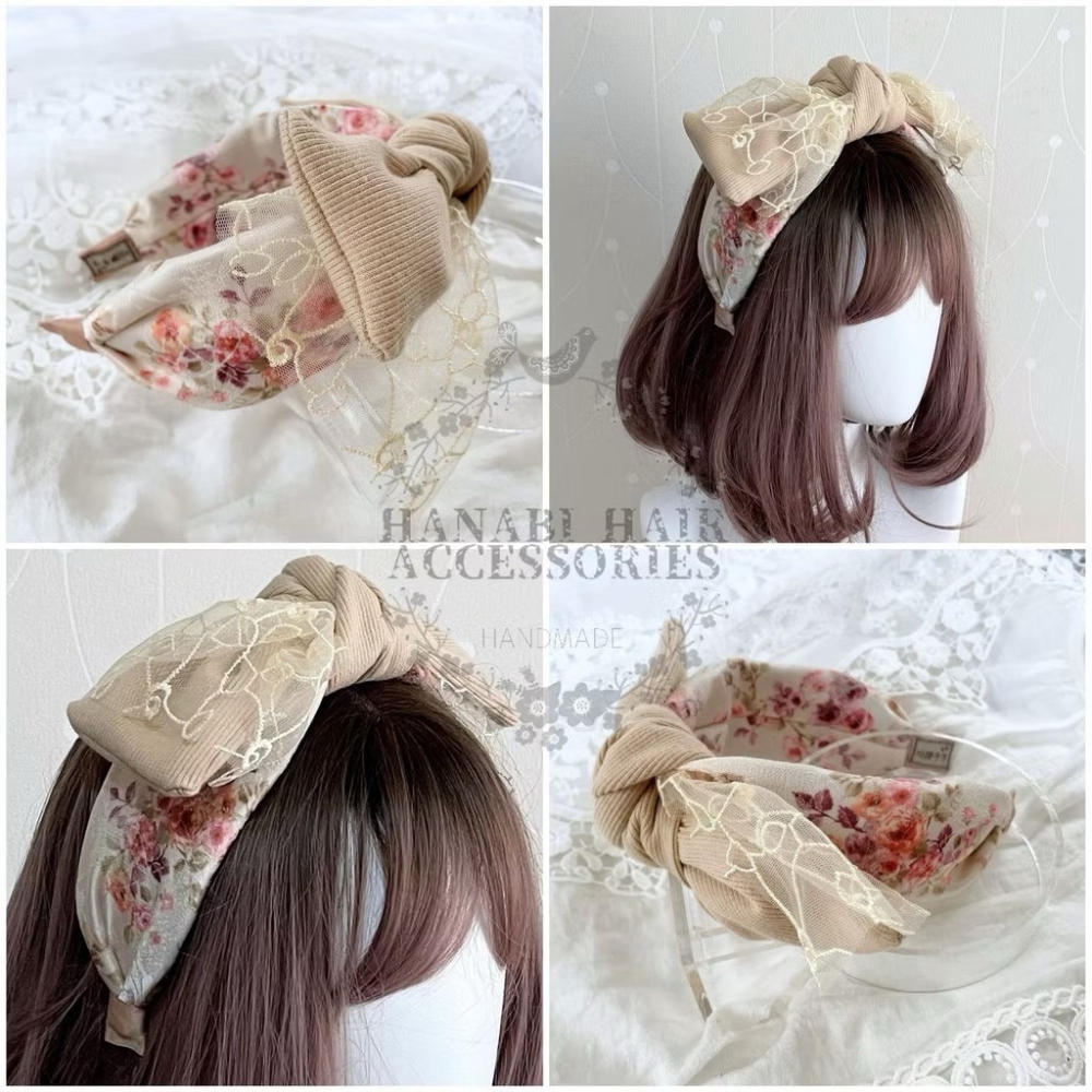 ＊哈娜髮飾＊蝴蝶結髮箍 杏 典雅蕾絲 寬版 寬邊 法哭 頭箍 頭箍 髮窟 頭帶 頭飾 法枯 髮估-細節圖3