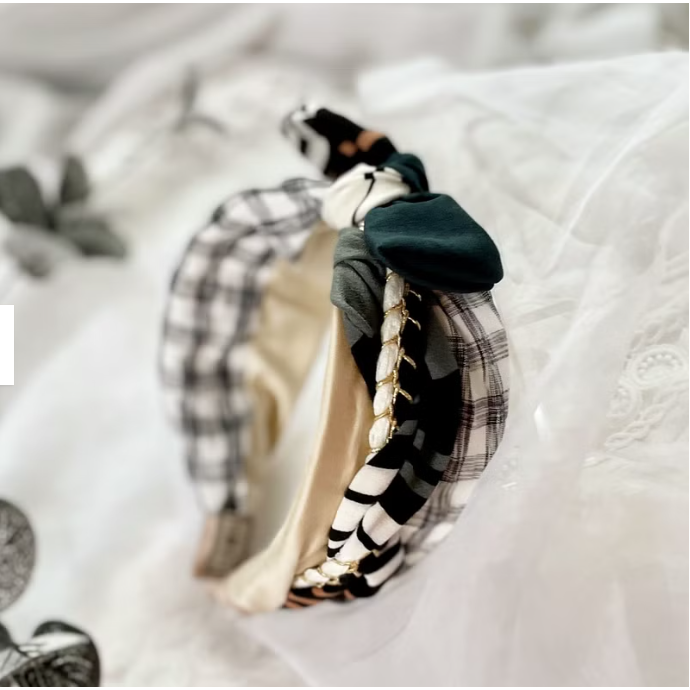 ＊哈娜髮飾＊多用綁帶髮箍 格紋卡其綠 打結頭箍 交叉髮窟 編織頭飾 髮哭 寬版 法哭 蝴蝶結髮圈 髮枯 頭窟-細節圖3