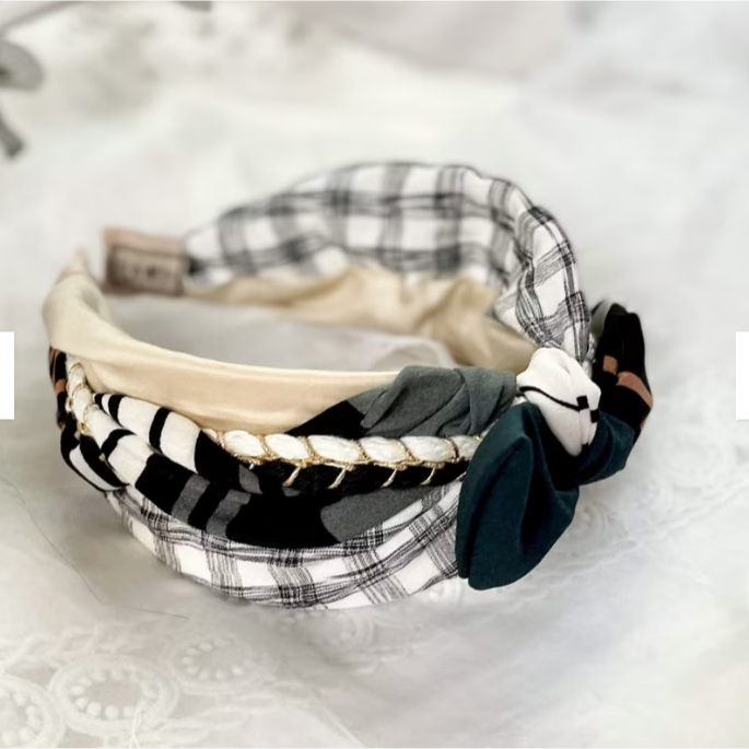 ＊哈娜髮飾＊多用綁帶髮箍 格紋卡其綠 打結頭箍 交叉髮窟 編織頭飾 髮哭 寬版 法哭 蝴蝶結髮圈 髮枯 頭窟-細節圖5