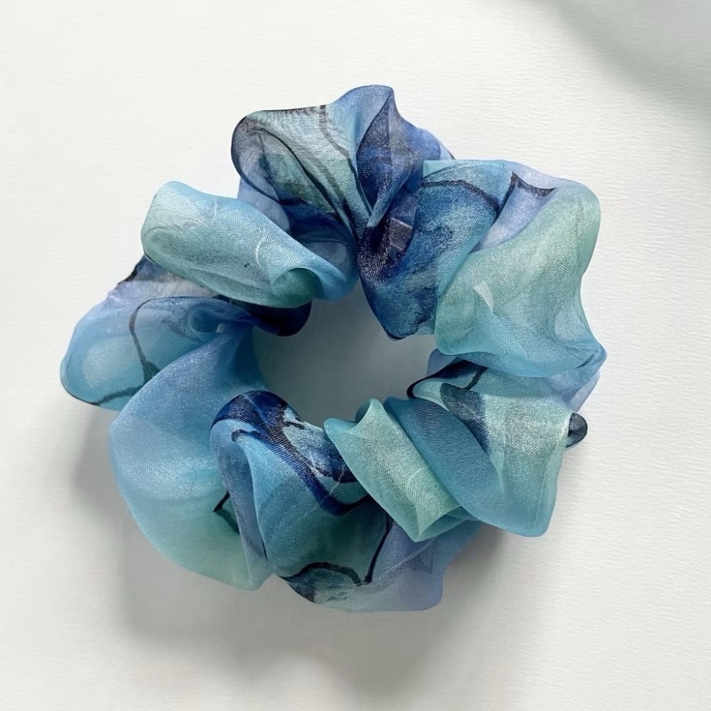 ＊哈娜髮飾＊布藝大腸圈 海洋歐根紗 髮圈 大腸髮圈 髮束 髮繩 髮飾 頭飾 禮物 髮量多 髮量少-細節圖3