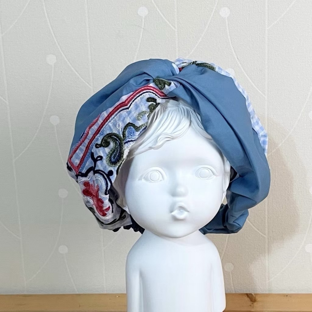 ＊哈娜髮飾＊超大交叉髮帶 刺繡藍 寬版 頭巾 頭飾 頭帶-細節圖2