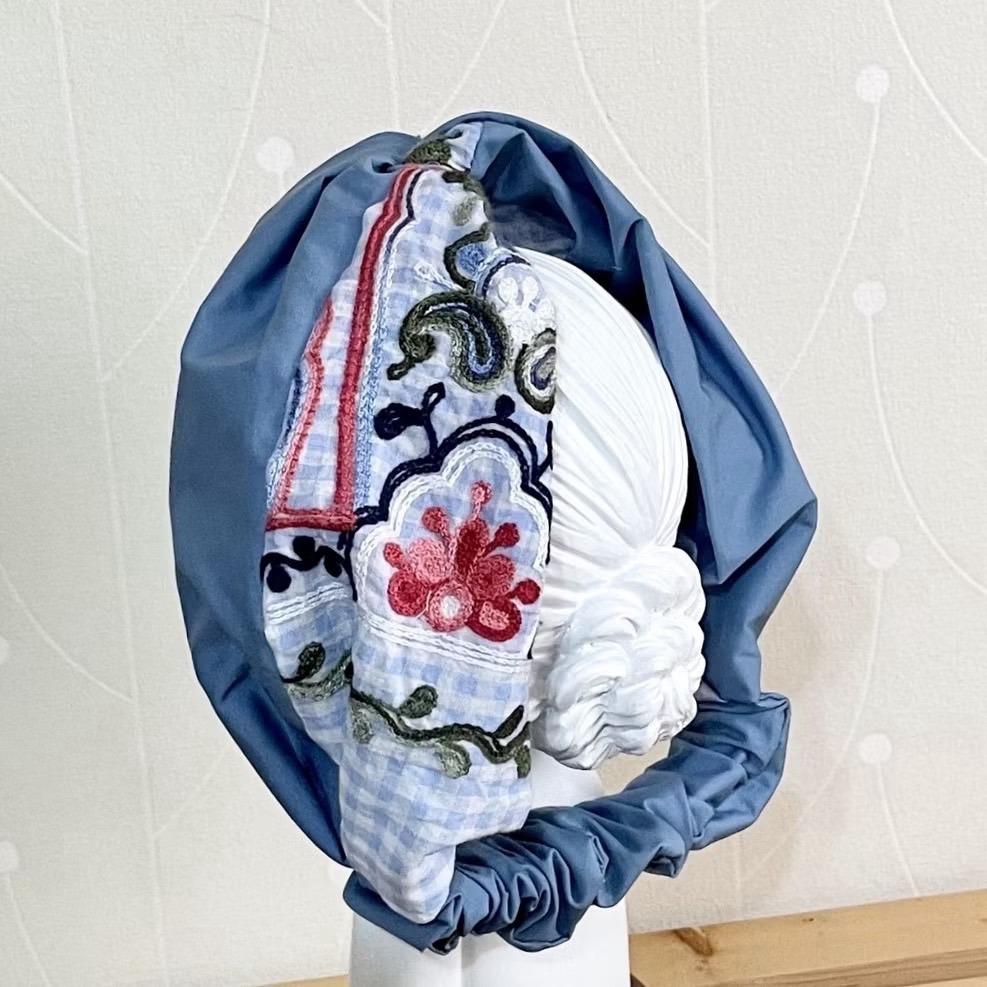 ＊哈娜髮飾＊超大交叉髮帶 刺繡藍 寬版 頭巾 頭飾 頭帶-細節圖3