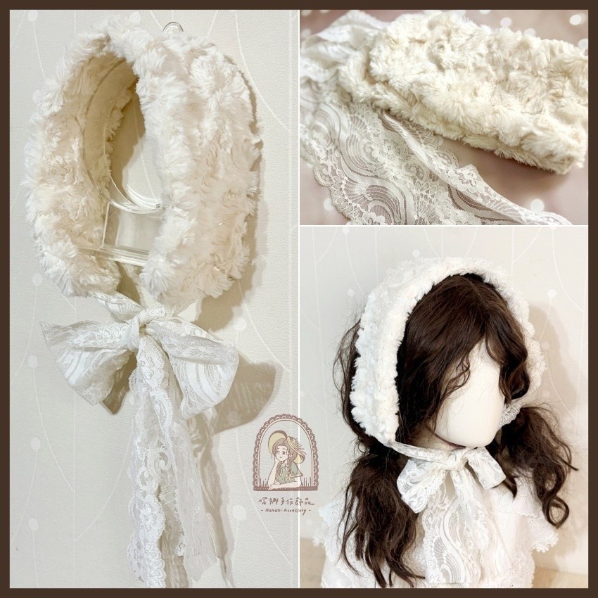 ＊哈娜髮飾＊長版綁帶髮帶 白色毛絨 蕾絲頭巾 綁帶寬版頭帶 毛線 日系寬邊圍脖 髮飾 頭飾 領巾-細節圖2