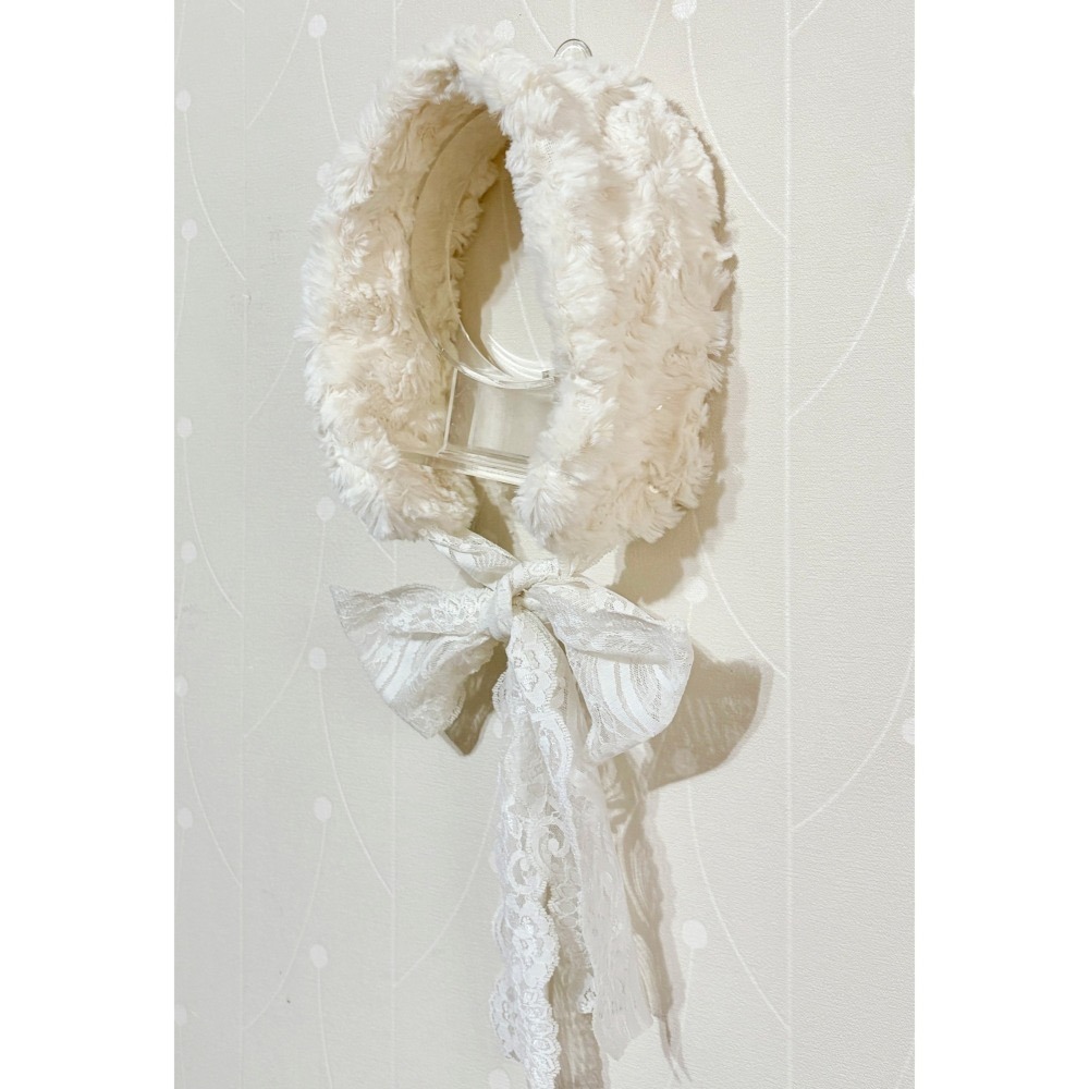 ＊哈娜髮飾＊長版綁帶髮帶 白色毛絨 蕾絲頭巾 綁帶寬版頭帶 毛線 日系寬邊圍脖 髮飾 頭飾 領巾-細節圖3