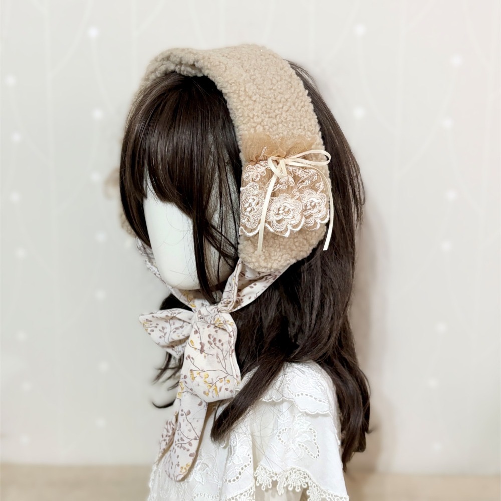 ＊哈娜髮飾＊長版綁帶髮帶  杏膚 蕾絲頭巾 綁帶寬版頭帶 毛線 日系寬邊圍脖 髮飾 頭飾 領巾-細節圖2