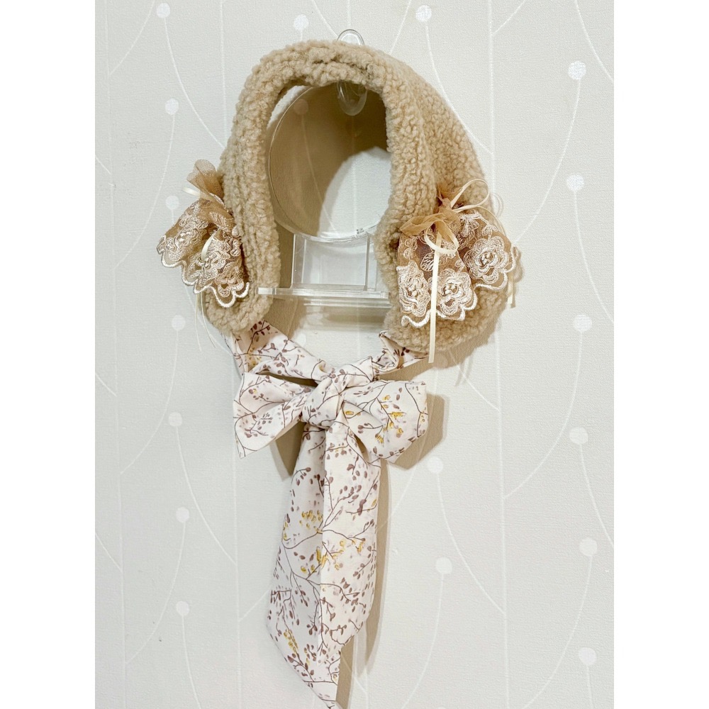 ＊哈娜髮飾＊長版綁帶髮帶  杏膚 蕾絲頭巾 綁帶寬版頭帶 毛線 日系寬邊圍脖 髮飾 頭飾 領巾-細節圖3