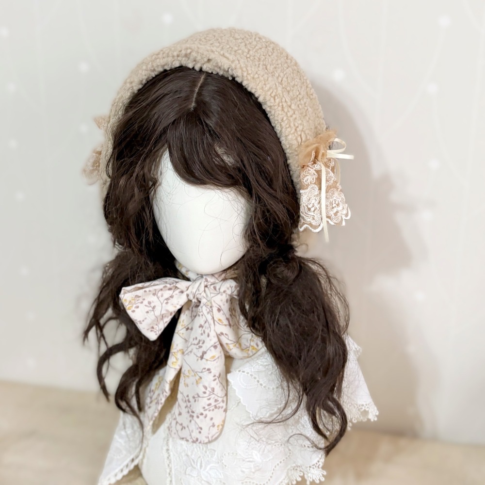 ＊哈娜髮飾＊長版綁帶髮帶  杏膚 蕾絲頭巾 綁帶寬版頭帶 毛線 日系寬邊圍脖 髮飾 頭飾 領巾-細節圖4