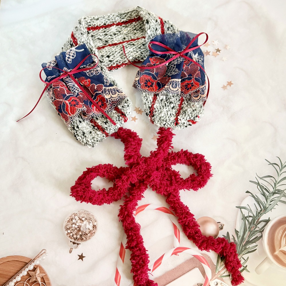 ＊哈娜髮飾＊長版綁帶髮帶  紅灰藍 蕾絲頭巾 綁帶寬版頭帶 毛線 日系寬邊圍脖 髮飾 頭飾 領巾-細節圖2