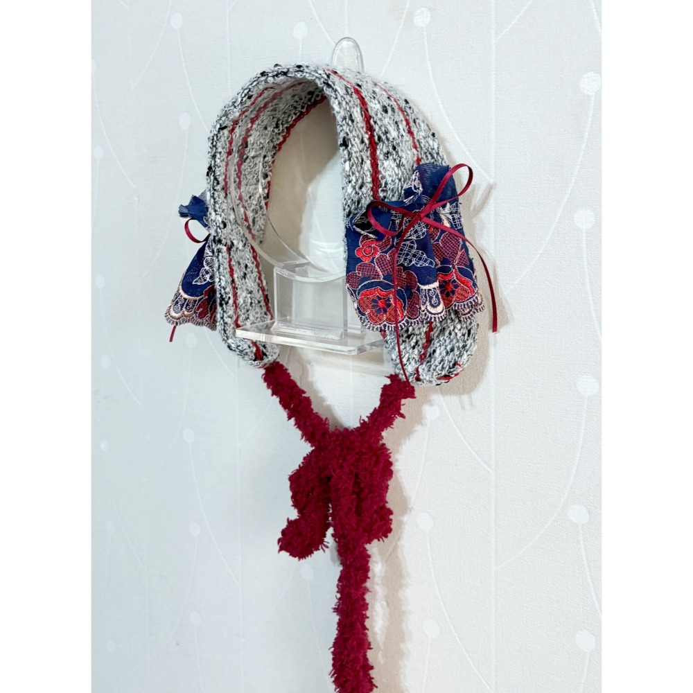 ＊哈娜髮飾＊長版綁帶髮帶  紅灰藍 蕾絲頭巾 綁帶寬版頭帶 毛線 日系寬邊圍脖 髮飾 頭飾 領巾-細節圖3