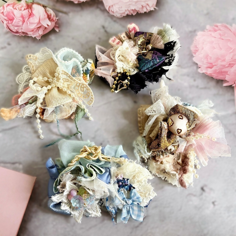 【福袋/驚喜包】手工紗線髮夾 4入組 / 拼接 串珠 瀏海夾  蕾絲邊夾 BB夾 馬尾夾 壓夾 頭飾-細節圖4