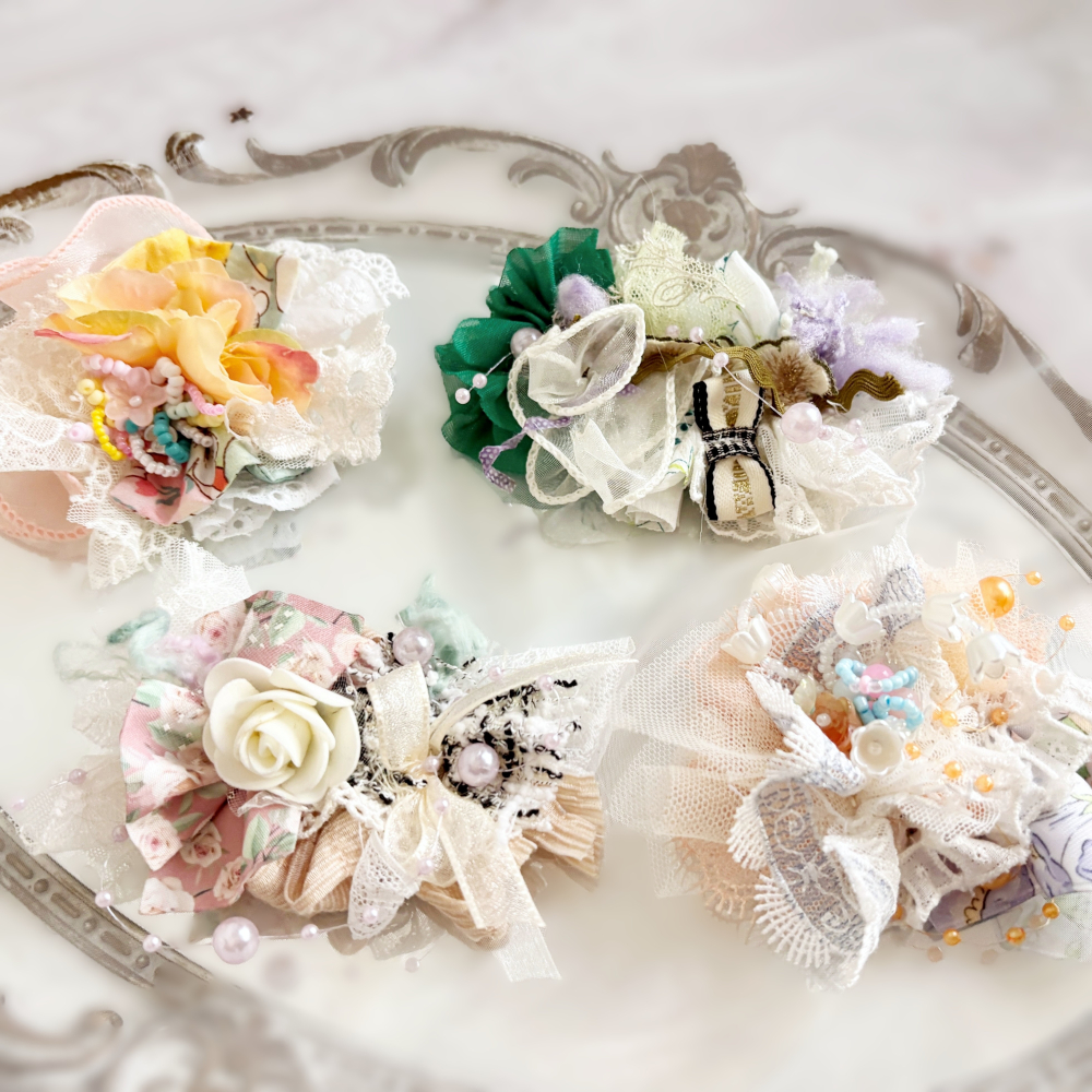 【福袋/驚喜包】手工紗線髮夾 4入組 / 拼接 串珠 瀏海夾  蕾絲邊夾 BB夾 馬尾夾 壓夾 頭飾-細節圖5