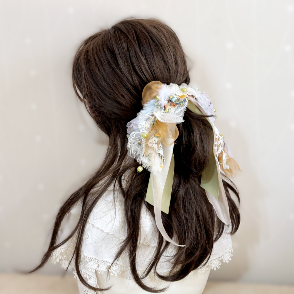 ＊哈娜髮飾＊手工拼接仙女夾/大蝴蝶結鯊魚夾 大腸圈髮圈 馬尾夾 髮夾 相交夾 三爪夾 包頭抓夾 髮叉 髮梳 邊夾-細節圖2